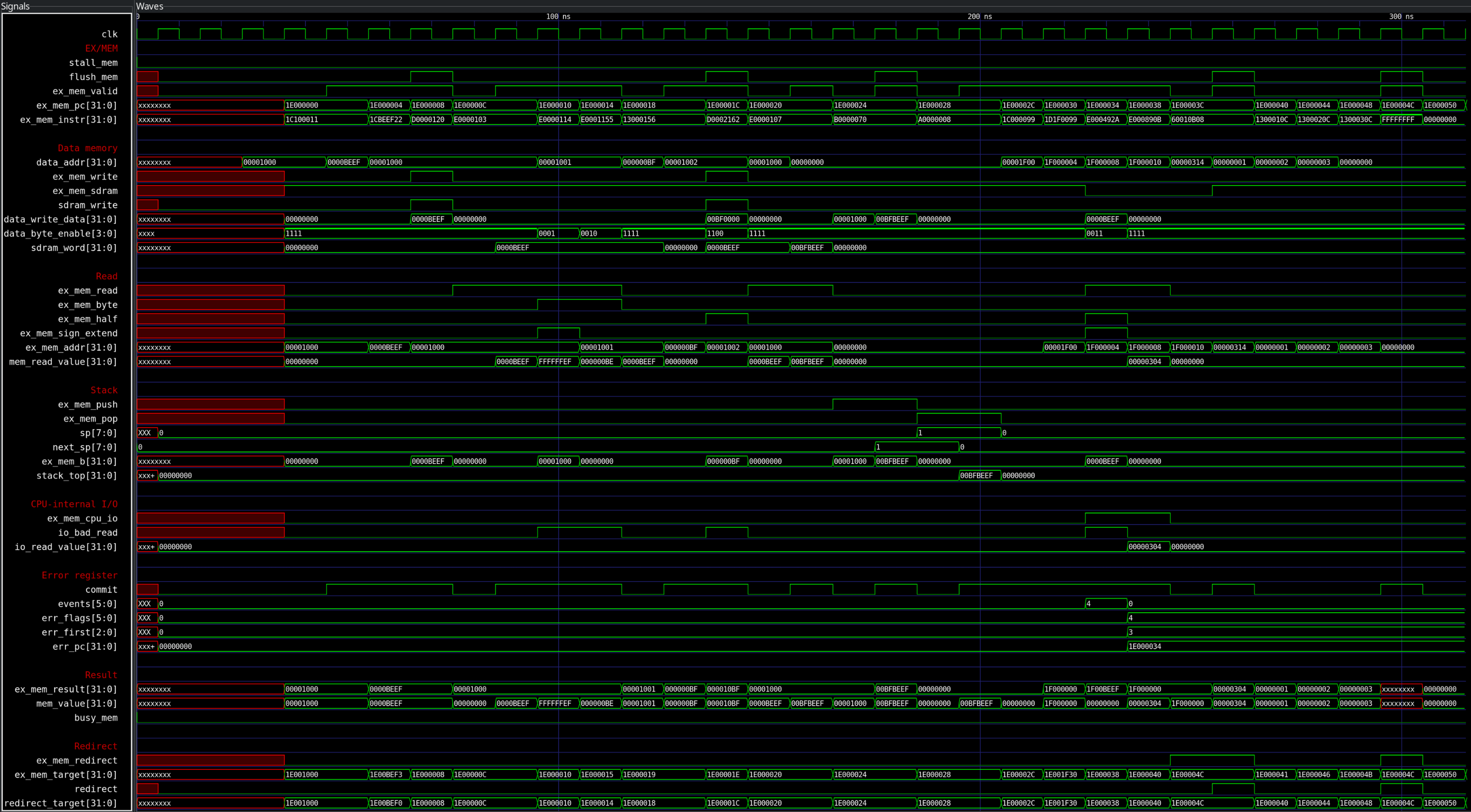 MEM stage with the stack and the error register in GTKWave